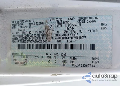 2010 Ford E-250 Commercial/Recreational from USA, damaged, VIN 1FTNE2EW7ADA28548